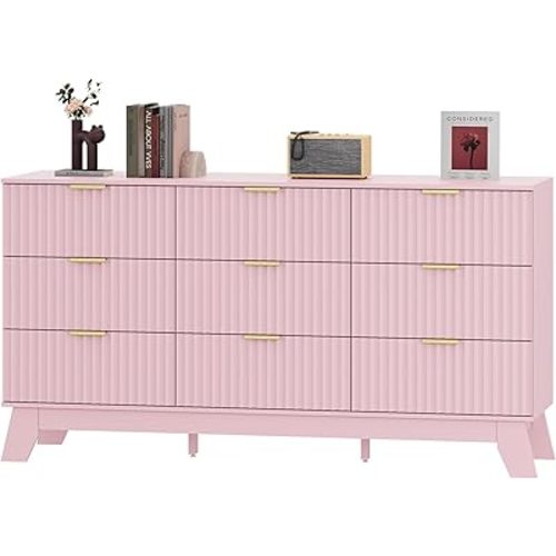 HUANLEGO Fluted Dresser for Bedroom with 9 Drawers, Pink