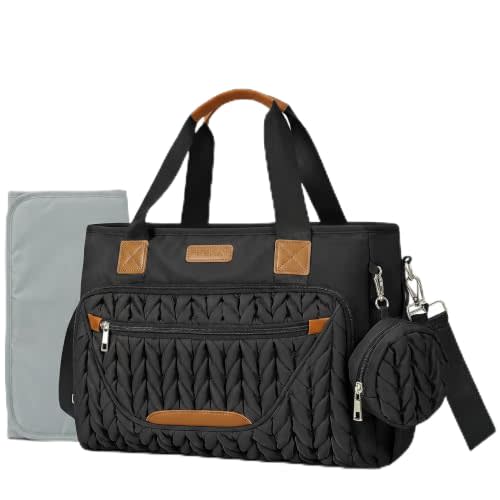 FHELAD Diaper Bag Tote for Women, Baby Diaper Bag Set (Obsidian Black) | 5 Insulated Pockets, Changing Pad, Pacifier Case, Stroller Clip, 15.6 Inch Laptop Compartment, Detachable Shoulder Strap