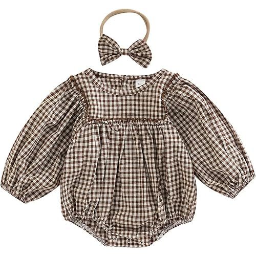 Douhoow Infant Baby Girl Plaid Romper Baby Sweatshirt Romper Ruffle Festival Clothes Fall Winter Outfits with Headband