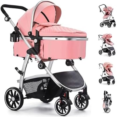 Hagaday Baby Stroller, 2-in-1 Reversible Toddler Seat with Bassinet Mode, Foldable Infant Stroller with Canopy, One Button Brake, Adjustable Handle, Newborn Pushchair(Pink)