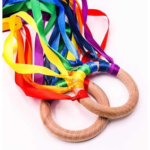 TANOFAR Montessori Hand Kite | Baby Sensory Ribbon Toy | Waldorf Wooden Toys for Toddlers | Rainbow Design