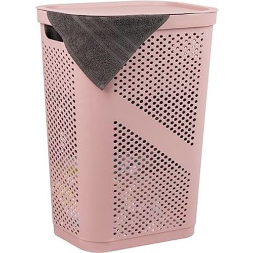Mind Reader Slim Laundry Hamper with Lid, 60L Clothes Basket, Ventilated Plastic, Pink