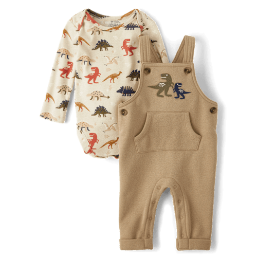 Baby Boys Embroidered Dino Overalls 2-Piece Playwear Set - Brown