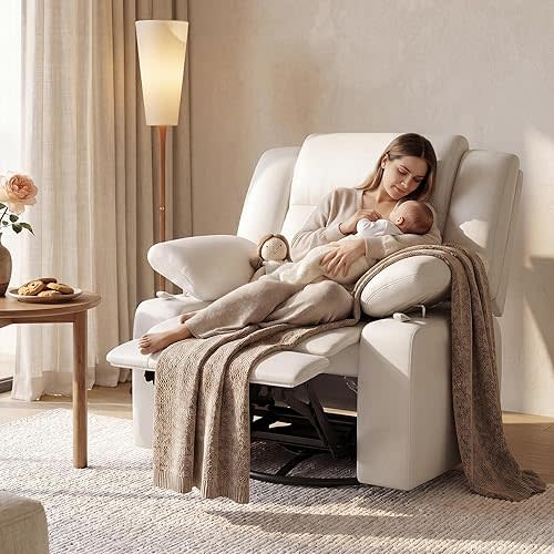 AILEEKISS Nursery Glider Recliner Chair with Adjustable Armrests, Swivel Rocking Recliner for Breastfeeding Moms, 360° Swivel, 30° Rocking, 90°-160° Recline, Easy-Clean Nursery Chair(White)