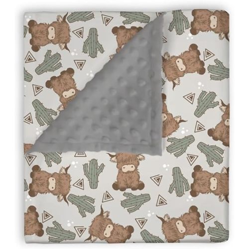 Mink Baby Boy Girl Blankets Boho Highland Cow Cactus, Gray Western Cowboy Soft Double Layer Dotted Backing Receiving Swaddle, Newborn Infant Toddler Nursery Crib Bedding Shower Gift 30" x 40"