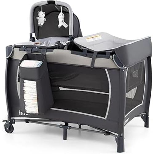 INFANS 4 in 1 Pack and Play, Portable Nursery Center for Baby Kid Infant, Travel Playard with Bassinet, Mattress, Diaper Changer, Bag, Toys, Music, Storage Basket (Classic)