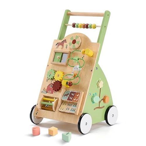 Wooden Baby Push Walker, Montessori Activity Toys with Adjustable Speed for 1 Year Old, Silent Rubber Wheels, Green