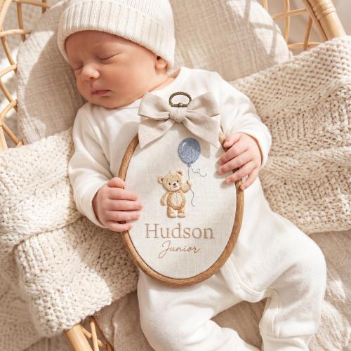 Custom Teddy Bear Baby Name Sign, Embroidered Newborn Announcement Hoop, Baby Boy Photo Prop, Hospital Nursery Decor