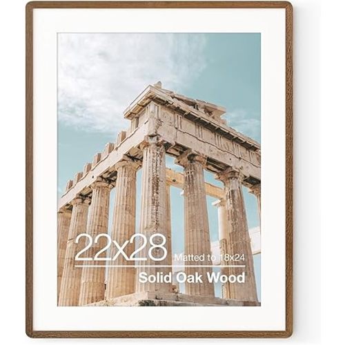 FLYJOE 22x28 Poster Frame | Solid Oak Wood Picture Frame With Mat For 18x24 | Tempered Glass and Hanging Hardware Included | Puzzle Frame (Walnut, 1 Pack)