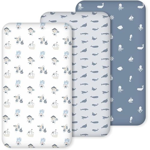 Nap Mat Sheet 47"x24", 3 Pack Blue Ocean Sailor Baby Crib Sheets Fitted Elastic Corners, Preschool Day Care Rest Mat Cover, Soft Breathable - Compatible with Regalo My Cot, Joovy Travel Cot