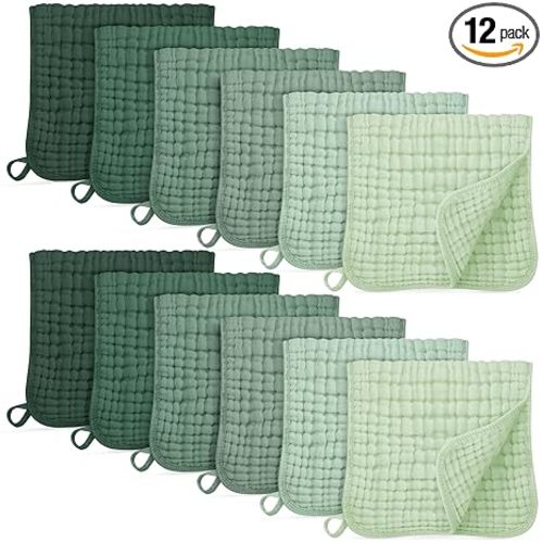 Unnivoll Muslin Burp Cloths for Baby 100% Cotton Burping Cloths for Boys Girls Large 20''X10'' Extra Soft and Absorbent 12 Pack - Gradient Green