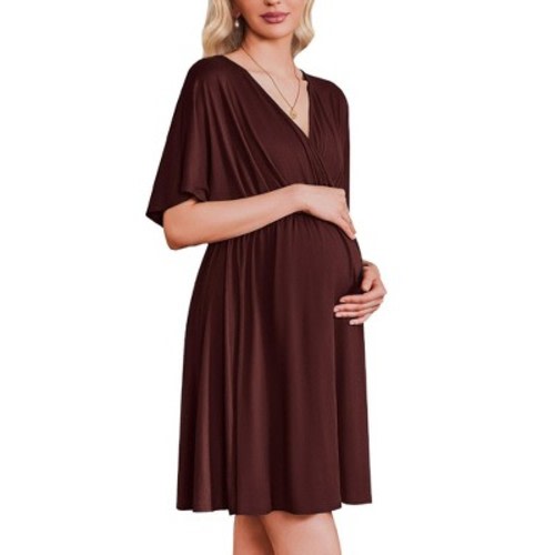 Ekouaer 3 in 1 Labor and Delivery Gown for Hospital Short Sleeve Maternity Nursing Dress Nightgown Postpartum Sleepwear Dark Red L