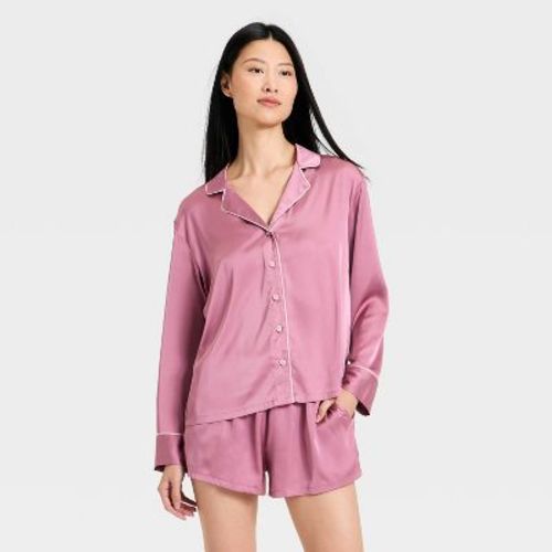 Women's Luxury Collection Satin Notch Collar Long Sleeve Shirt and Shorts Pajama Set - Auden™ Pink L