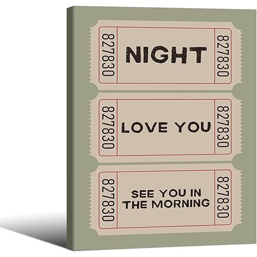 Framed Canvas Wall Art Posters Night Love You Ticket Stub Retro Sage Green Daily Positive Affirmations Prints for Bedroom Living Room Decor 12x16in