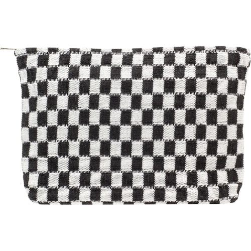 PAZIMIIK Knitted Checkered Makeup Bag Large Zipper Make Up Accessory Pouch for Purse Cosmetic Brush Bag for Travel Essential,Black