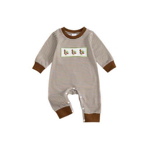 BemeyourBBs Boy Thanksgiving Stripe Romper Turkey Embroidery Long Sleeve Jumpsuit