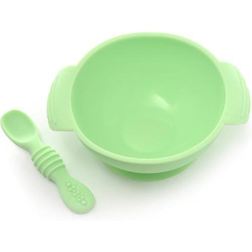 PrimaStella Unbreakable Silicone Non-Slip Bowl and Chew Spoon Set for Babies and Toddlers (Green)