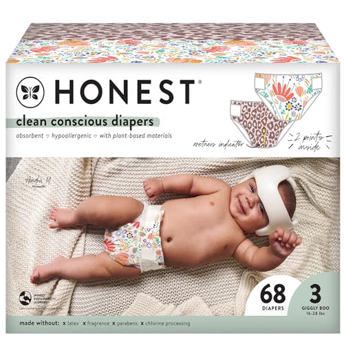 The Honest Company Clean Conscious Diapers Plant-Based Sustainable Wild Thang and Flower Power Club Box Size 3 16-28 lbs 68 Count