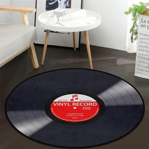keepcute Music Record Black Round Area Rug for Bedroom Living Room Study Playing,Non-Slip Floor Mat Carpet Home Decor Rugs, 3' Diameter