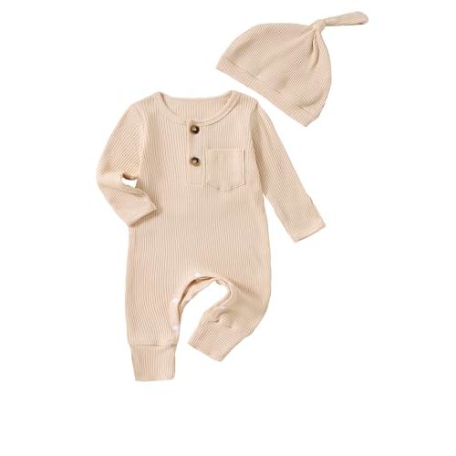 QUEKRE Newborn Baby Boy Girl Clothes Infant One Piece Rompers Solid Ribbed Knit Hat Long Sleeve Clothing Set