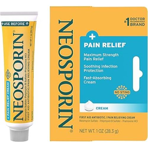 Neosporin + Maximum-Strength Pain Relief Dual Action Cream, First Aid Topical Antibiotic and Analgesic Cream for Wound Care of Minor Cuts, Scrapes and Burns, Polymyxin B & Pramoxine HCl, 1 oz