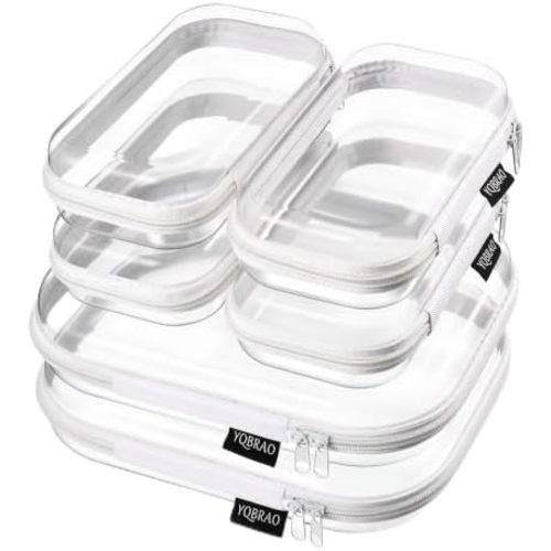 Clear Hard Shell Zipper Cases, 6 Travel Organizers, 2M 4S, White