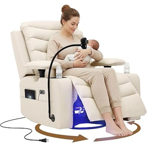 Olela Power Glider Recliner Nursery Chair, Oversized Leather Swivel Rocking Chair with Electric Lumbar Support, USB Charging, Smart Cup Holder, Light, Adjustable Armrest, Wireless Phone Charger Holder