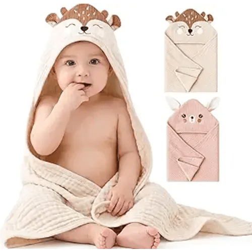Konssy 2-Pack Muslin Baby Hooded Towels, 100% Cotton, Soft and Absorbent Baby Bath Towels for Newborn, Infant & Toddler with Animal Hooded Design(Bunny & Deer)