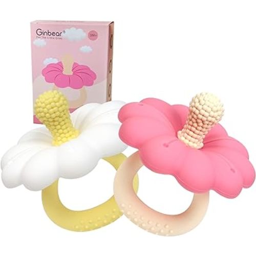 Ginbear Silicone Baby Teether for Girls, BPA Free Food Grade Infant Teething Toys, Soothing Baby Chew Toys, Sensory Teething Pain Relief Pacifier 3 Months + (Set of 2)