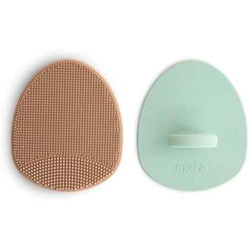 mushie Baby Bath Cradle Cap Brush | Soft Silicone Bristles for Dry Skin, Eczema, & Cradle Cap Treatment | 2-Pack (Natural/Cambridge Blue)