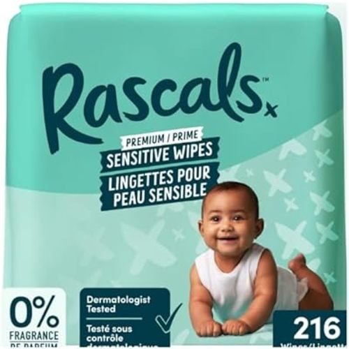 Rascals Premium Sensitive Baby Wipes, Alcohol-Free & Hypoallergenic, Multipack, 216 Count