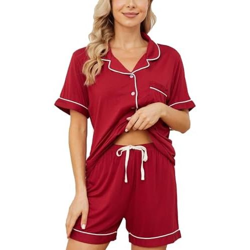 Womens Pajama Sets Short Sleeve Sleepwear Soft Button Down Nightwear Lounge Pj Set XS-XXL