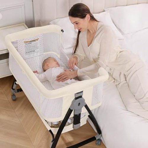 Baby Bassinet, 3-in-1 Bedside Bassinets for Baby, Bassinet Sleeper with Wheels, Baby Bedside Crib with Breathable Mesh, Mosquito Net, 6 Height Adjustable, Large Storage Basket, Easy Assemble & Folding