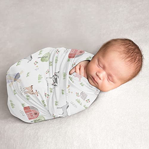 Sweet Jojo Designs Farm Animals Boy or Girl Swaddle Blanket Jersey Stretch Knit for Newborn or Infant Receiving Security - Watercolor Farmhouse Horse Cow Sheep Pig Farm Life Gender Neutral