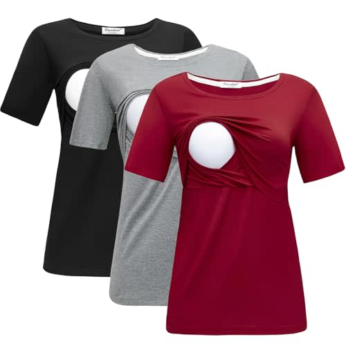 Bearsland Women's 3 Packs Maternity Nursing Tops Short Sleeve Breastfeeding Shirts