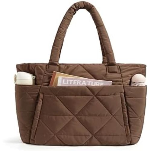 BAGSMART Tote Bag for Women, Puffy Tote Bag with Zipper, Large Quilted Shoulder Bag with Compartments for Travel, Work, Gym