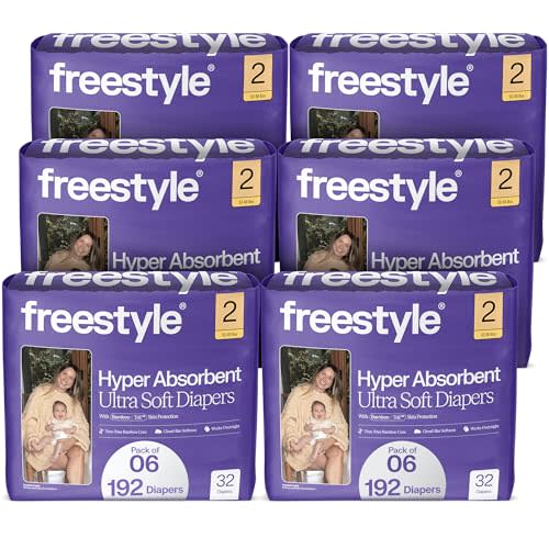 Freestyle BambooTek Diapers – (Size 2) Hyper Absorbent & Non-Toxic – Disposable Diapers for Sensitive Skin – Ultra Soft Diapers (12-18 lbs) – 192 Count
