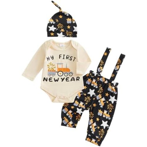 Karuedoo My First New Year Baby Boy Outfit Newborn Letter Print Long Sleeve Romper Suspender Pants Hat 3Pcs Sets
