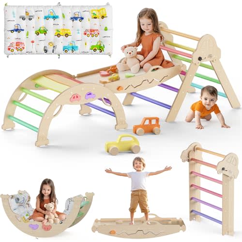 Pikler Triangle Set with Cushion 9 in 1 Foldable Montessori Climbing Toys for Toddlers 1-3 Indoor Wooden Kids Playground Baby Climbing Toys with Maze Toys, Shape Sorter Toys, Car Toys