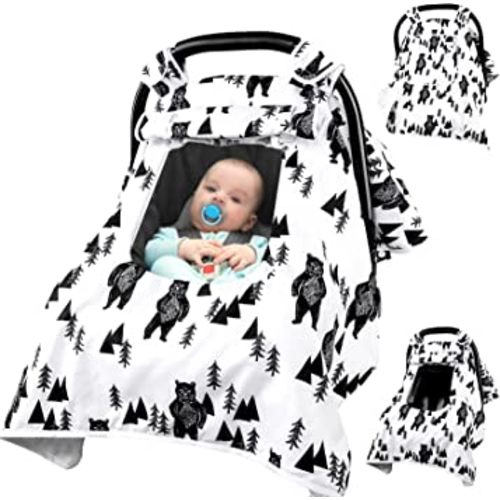 Baby Carseat Cover Boys, Newborn Car seat Canopy, Minky Cozy & Warm Cover, Winter Carrier Cover with Peep Windows, Soft & Breathable, Bear Stuff