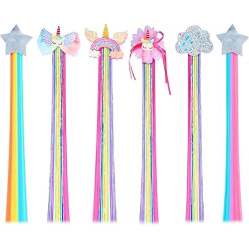 Little World Hair Clips for Girls, 6 Pcs Rainbow Hair Extensions, Unicorn Hair Clips for Girls Toddler Kids Ponytails, Hand-made Cute Glitter Hair Accessories