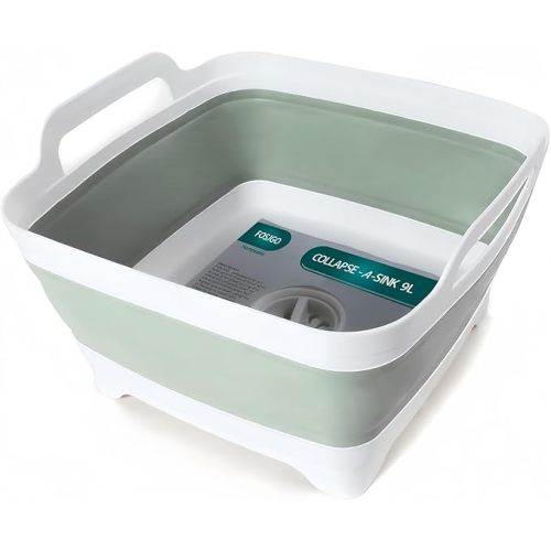 FOSJGO Collapsible Dish Basin with Drain Plug and Carry Handles - 9L Capacity, Portable Sink Tub for Camping and RV