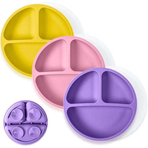 WeeSprout Suction Plates for Babies With Lids & Toddlers - 100% Silicone, Dinnerware Stays Put, Divided Design for Picky Eaters, Microwave & Dishwasher Friendly, 3 Pack