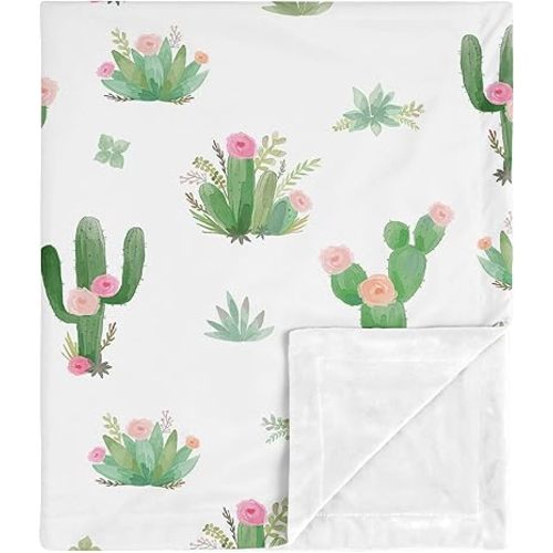 Sweet Jojo Designs Boho Watercolor Cactus Floral Baby Girl Receiving Security Swaddle Blanket for Newborn or Toddler Nursery Car Seat Stroller Soft Minky - Pink and Green
