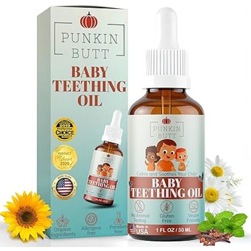 Punkin Butt - Natural Herbal Teething Oil for Babies - Daily Use Soothing Relief Drops | Baby, Infant, Toddler Gum & Tooth Relief | Organic Chamomile, Clove & Peppermint Infusion - 1oz with Dropper