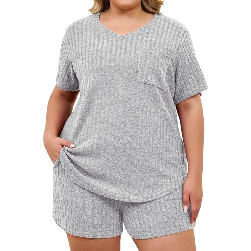 Womens Plus Size Lounge Sets 2 Piece Short Sleeve Tops and Shorts Sleepwear Pajama Set with Pockets