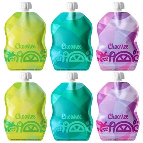 ChooMee Reusable Baby Food Storage Pouches, 8 oz | Ideal for Baby Food, Smoothies and Purees | Secure Double Lock Zipper, Wide Bottom, BPA Free | SnakPack TropiColor 6 CT
