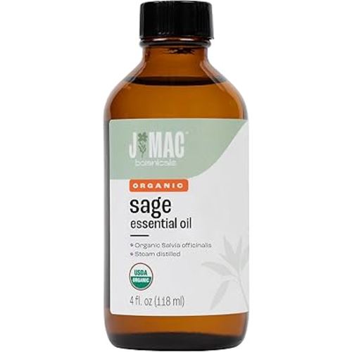 J Mac Botanicals, Organic Sage Oil (4 oz Glass Bottle, no Dropper), Organic Salvia Officinalis Essential Oil, Skincare, Massage, diffusers, Bath Bombs and Shower Steamers