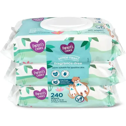 Parent's Choice Gentle Clean Fragrance-free Unscented No Scent Baby Wet Wipes Suitable for Sensitive Skin Infused with Vitamin E and Aloe, 240 Count (Value Pack Includes 3 80-Count Packages) - 1 Pack