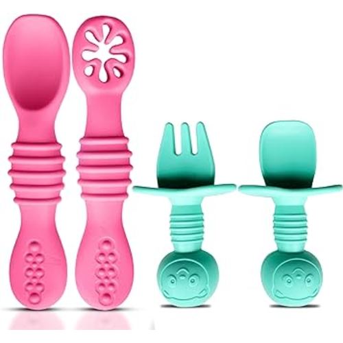 4pc Silicone Baby Spoons Self Feeding Baby Utensils 6-12 Months - 3 Baby Spoon - 1 Baby Fork - Toddler Cutlery Set - BPA Free, Dishwasher Safe - Baby Eating Essentials (Pink/Blue)